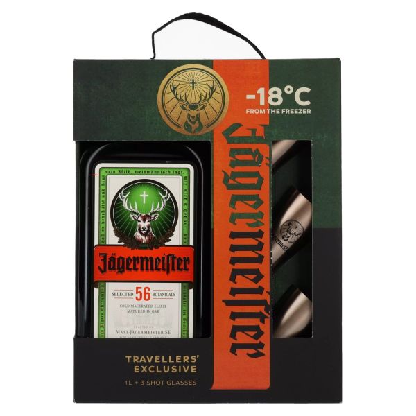 Jagermeister Travelers Exclusive + 3 Shot Glasses, 100 Cl - Alc. 35% Vol.